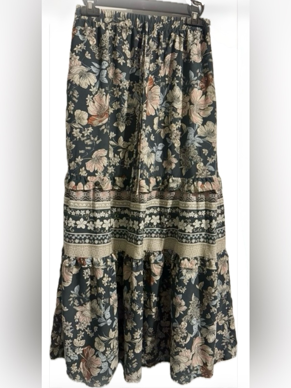 Sienna Sky Floral Tiered Maxi Skirt sz Medium Blue Pink Cream
